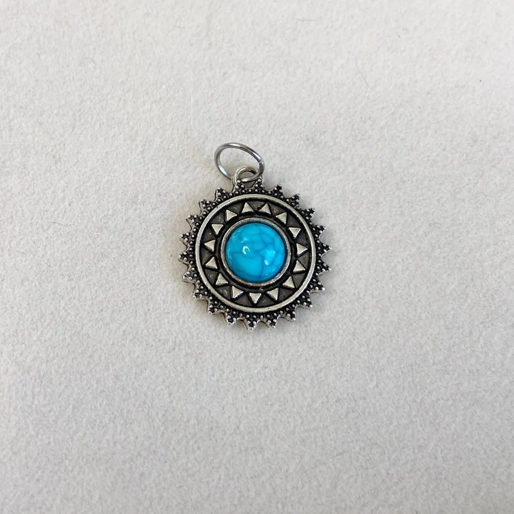 Vintage Turquoise Medallion Charm – Silver Tone Round Pendant